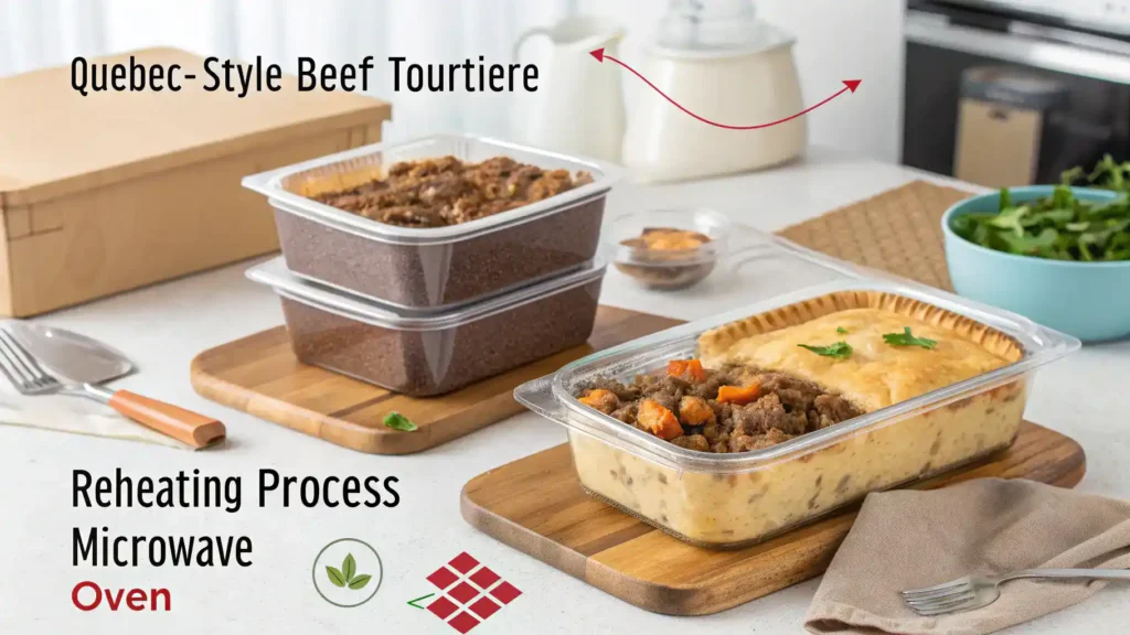 Storage and reheating tips for Quebec-Style Beef Tourtière, including wrapping and reheating methods.