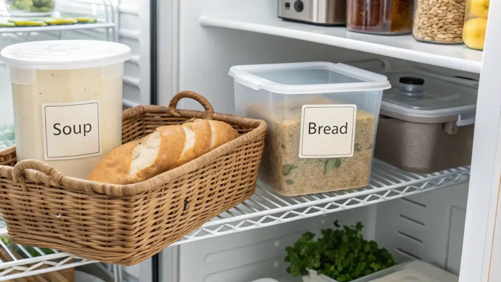 Proper storage techniques for leftover soup and bread.