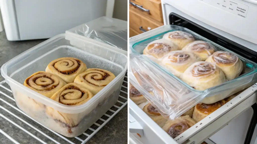 Storage and reheating instructions for TikTok cinnamon rolls.