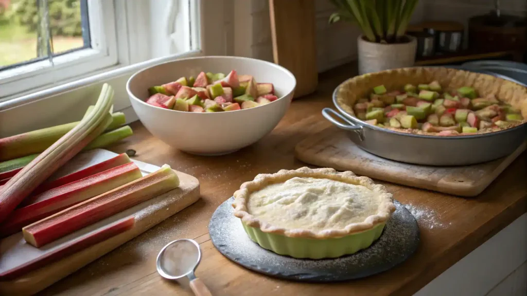 Ingredients for Old-Fashioned Rhubarb Pie laid out on a kitchen counter, including fresh rhubarb, sugar, and flour.