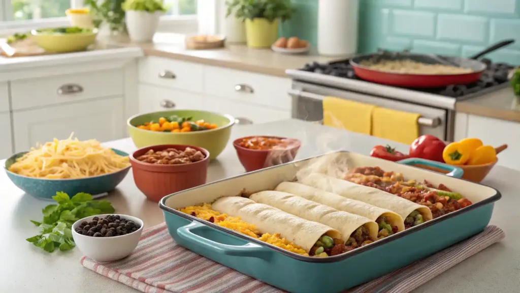 A colorful array of ingredients for Baked Burrito Casserole including tortillas, beans, cheese, and fresh vegetables.