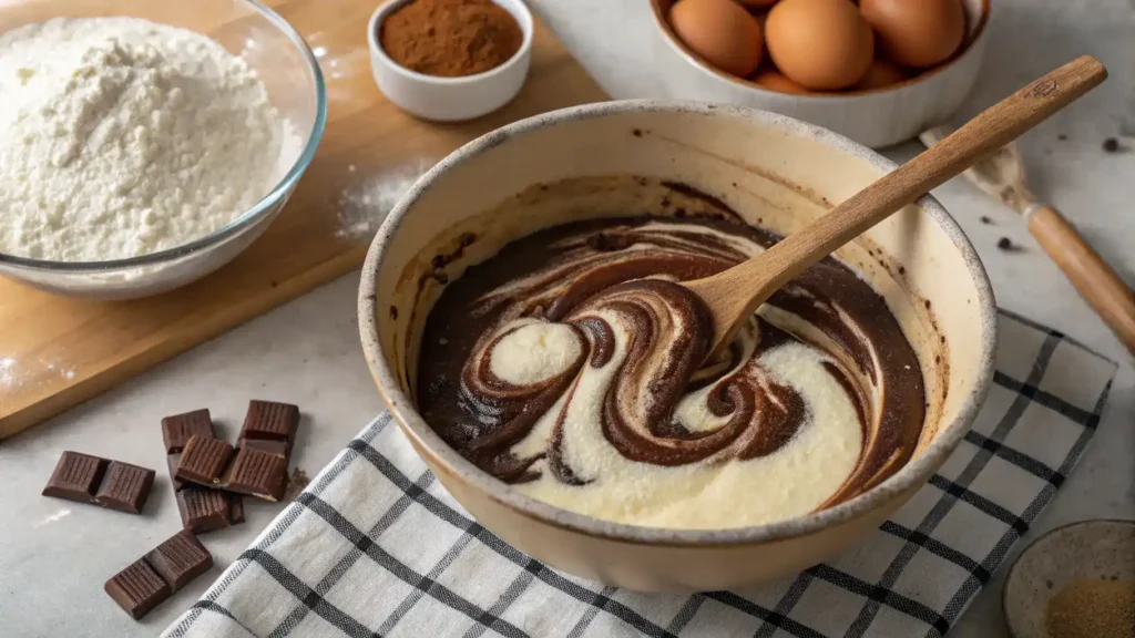 A mixing bowl filled with ingredients for Cotton Marble Cake, including flour, sugar, and cocoa powder.