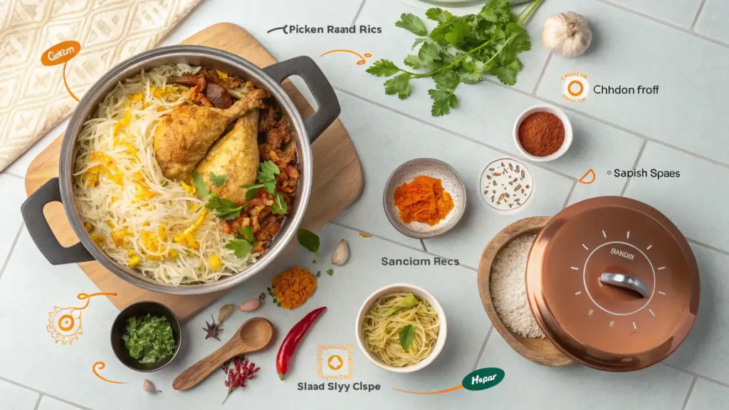 Pro tips for making Chicken Dum Biryani displayed with ingredients.