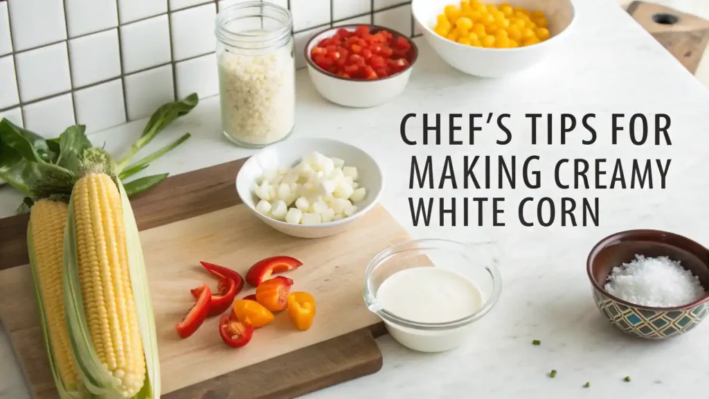 Pro tips for making creamy white corn displayed with ingredients.