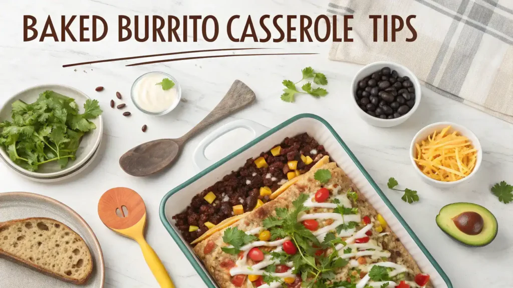 Pro tips for making Baked Burrito Casserole with whole wheat tortillas, black beans, and fresh toppings.