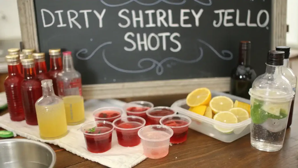 Pro tips for making Dirty Shirley Jello Shots displayed on a chalkboard.