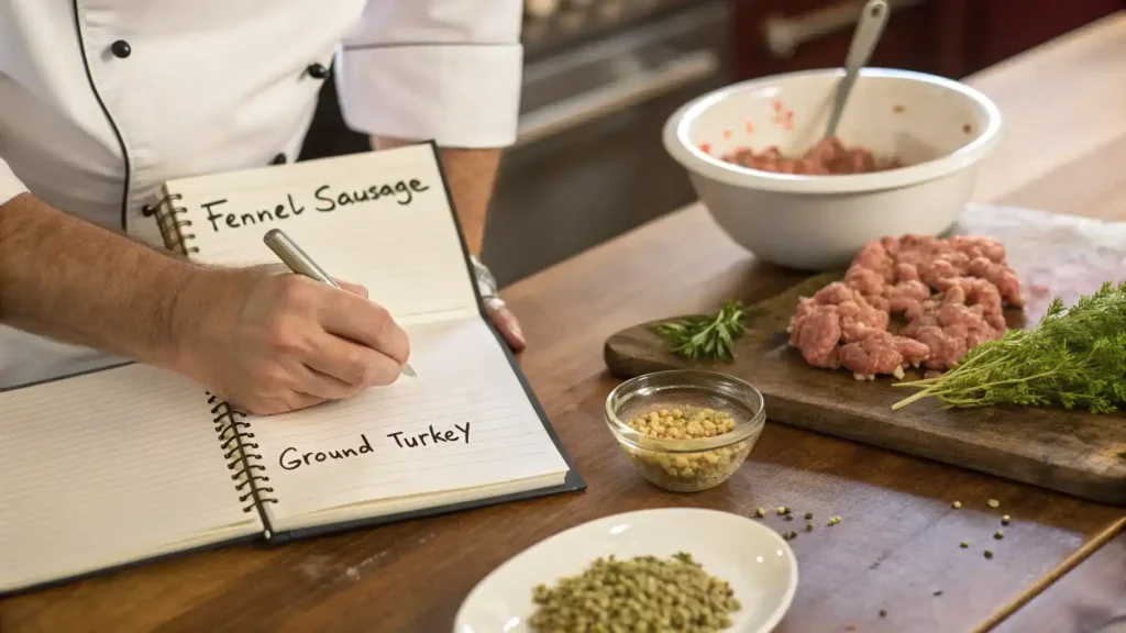 Pro tips for making fennel sausage displayed with ingredients.