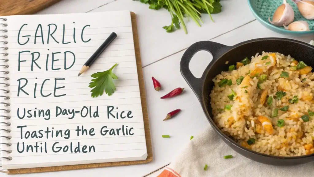 Pro tips for making garlic fried rice displayed on a notepad.