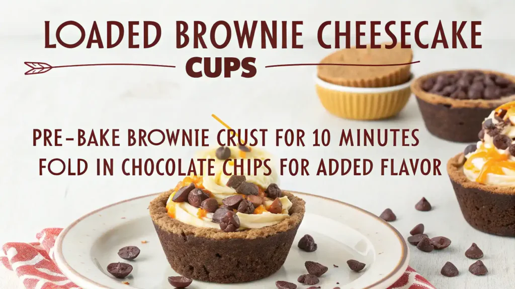 Pro tips for making Loaded Brownie Cheesecake Cups displayed with engaging graphics.