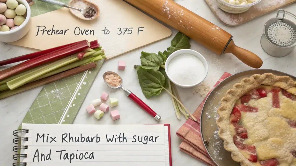 Pro tips for making Old-Fashioned Rhubarb Pie displayed on a kitchen counter.