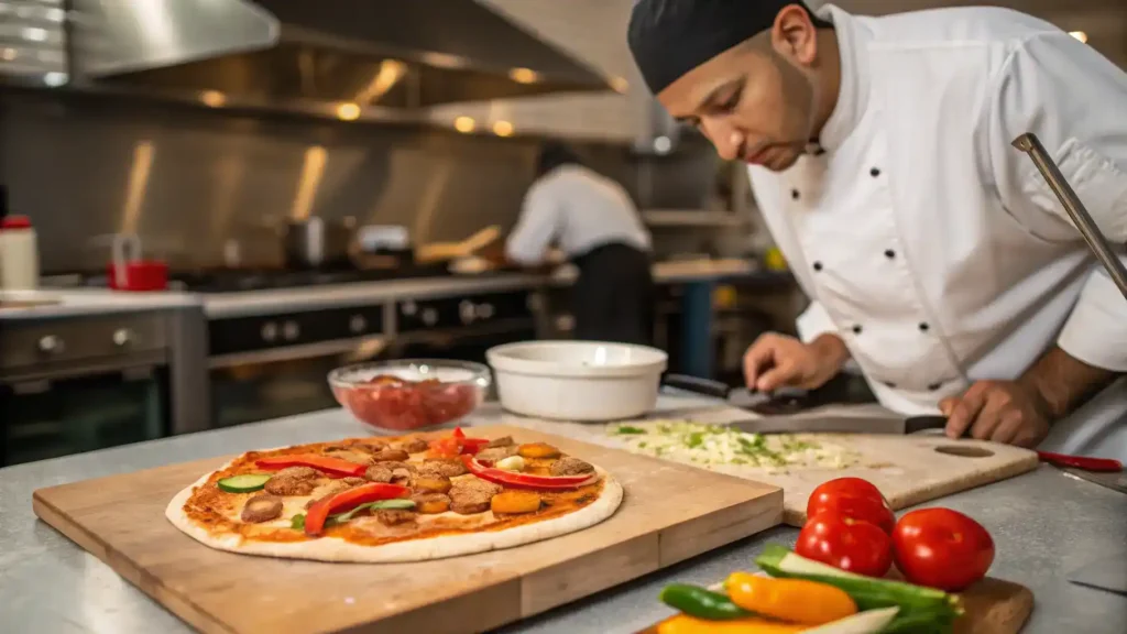 Chef preparing protein pizza with tips for making the recipe.