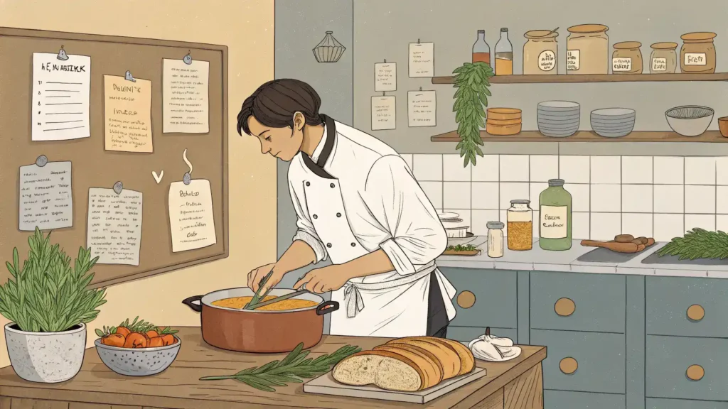 A chef sharing pro tips for making the perfect soup and bread.