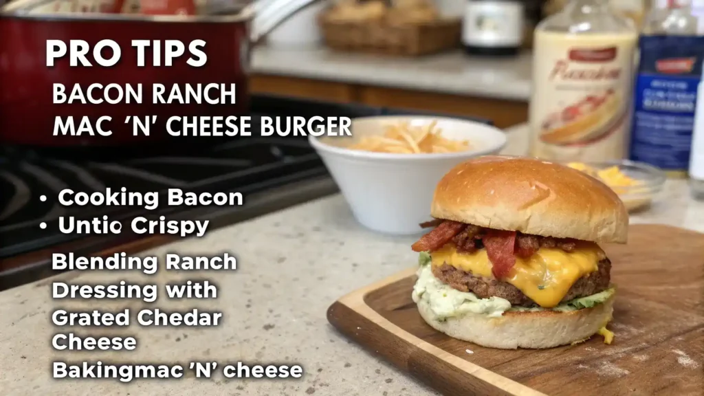 Pro tips for making the perfect Bacon Ranch Mac 'n' Cheese Burger.