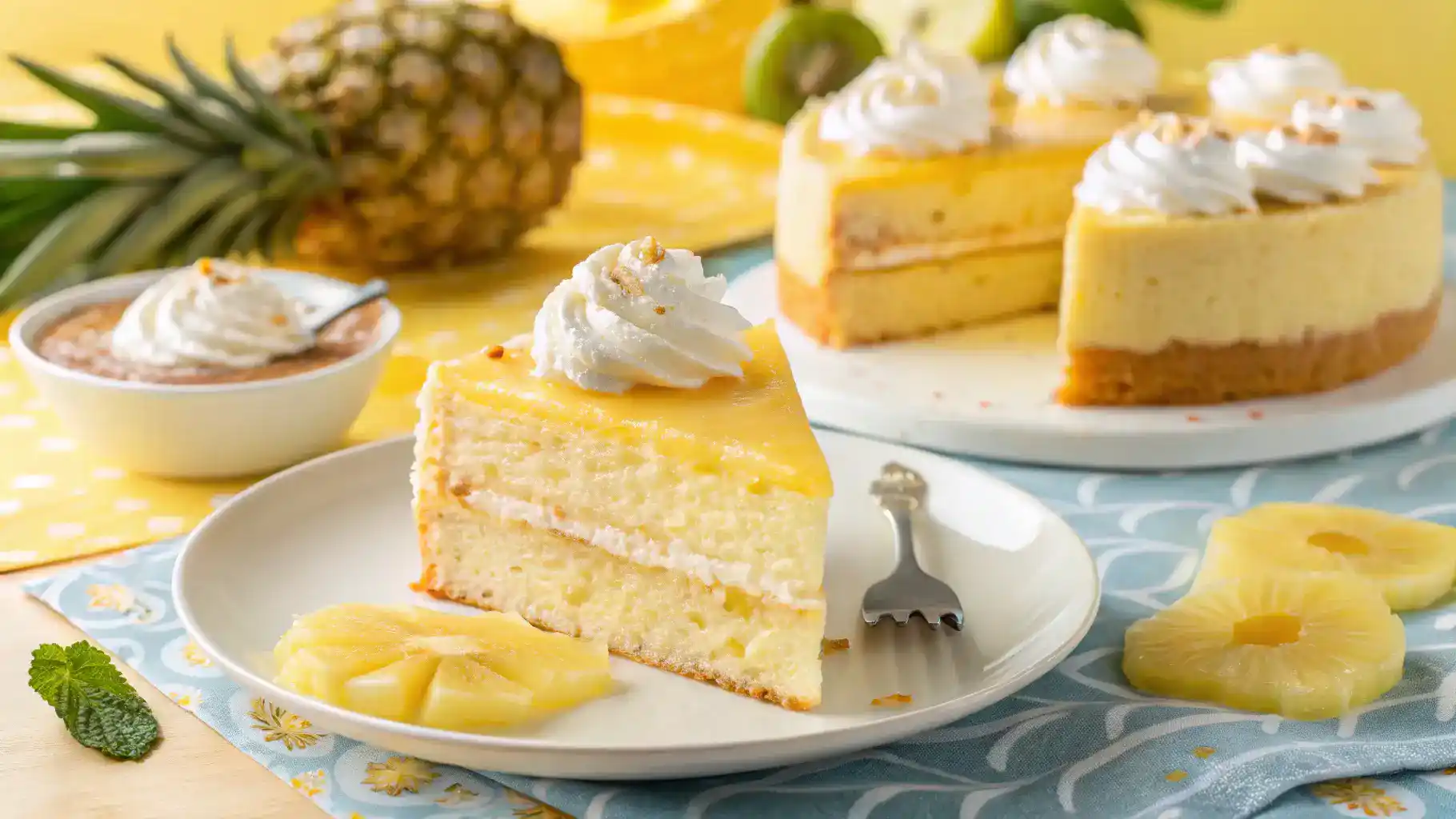 A slice of Pineapple Juice Cake on a plate, garnished with whipped cream and fresh pineapple slices.