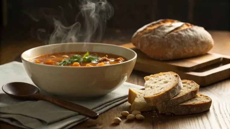 A comforting bowl of soup served with a slice of bread, perfect for a cozy meal.
