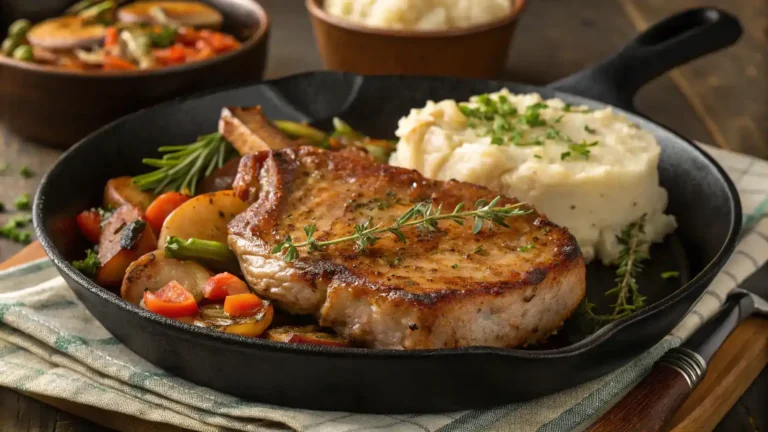 Plated juicy skillet pork chops with sides, garnished with herbs.
