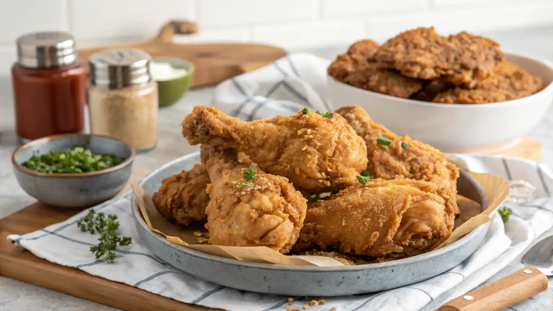 Deliciously crispy Homemade KFC Chicken in the Oven served on a platter.