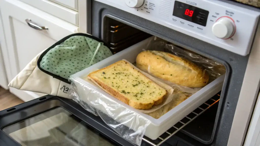 Storage and reheating instructions for frozen garlic bread.