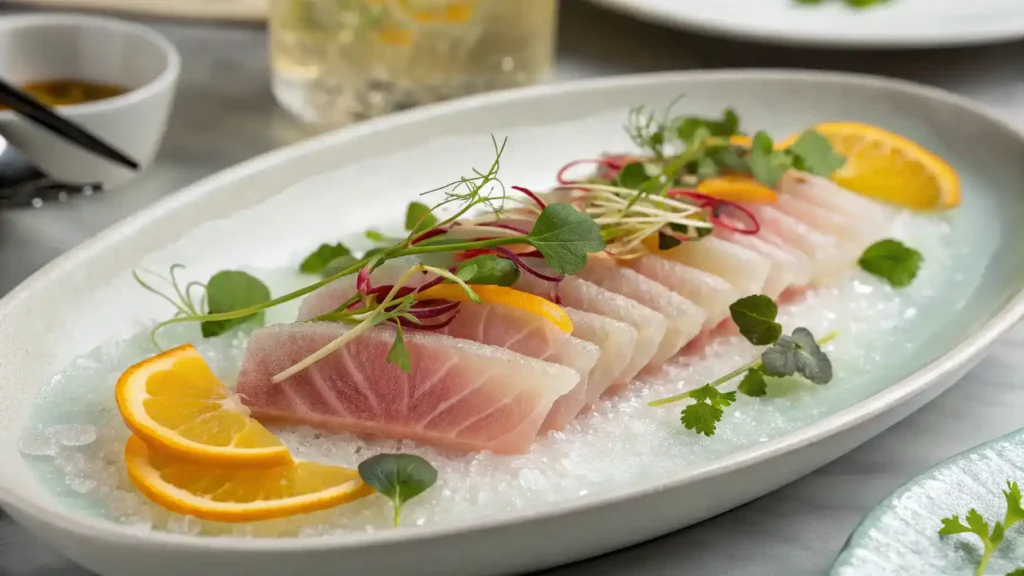 A stunning presentation of hamachi crudo with fresh herbs and citrus garnishes.