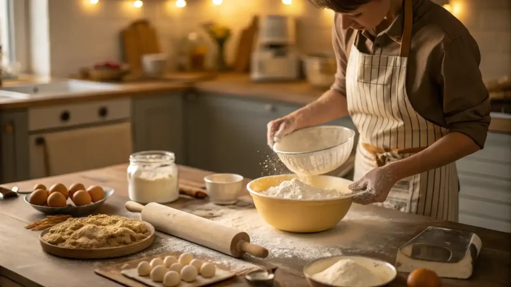 A person mixing ingredients for gluten free bread in a cozy kitchen.