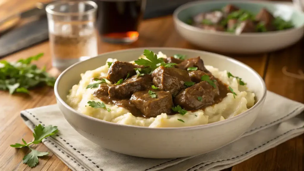A bowl of beef tips served over creamy mashed potatoes, garnished with fresh parsley.