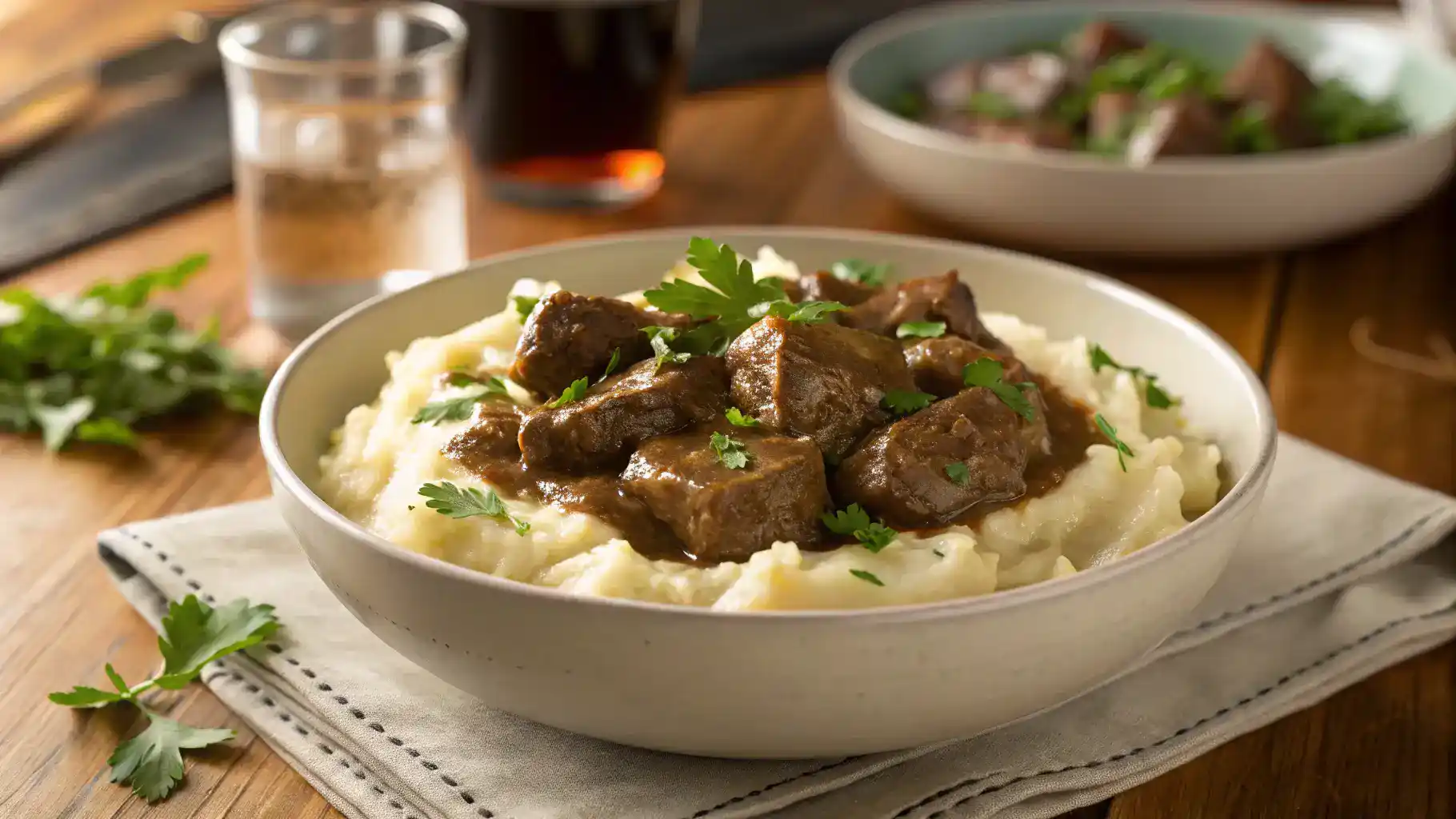 A bowl of beef tips served over creamy mashed potatoes, garnished with fresh parsley.