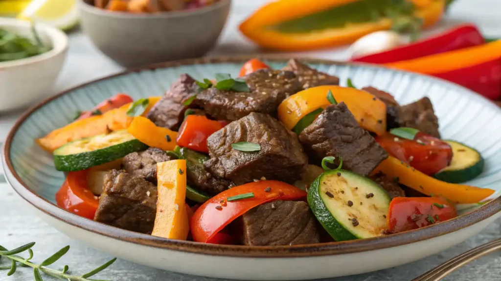 Beef tips served with colorful roasted vegetables on a plate.