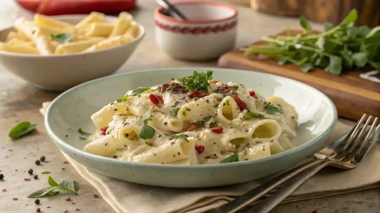 A beautifully plated Boursin pasta dish garnished with herbs.