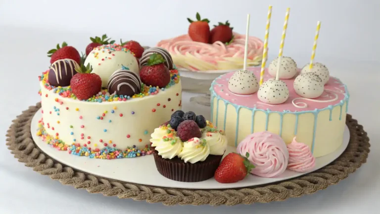 A colorful platter of cake and pops, decorated with sprinkles and vibrant colors.