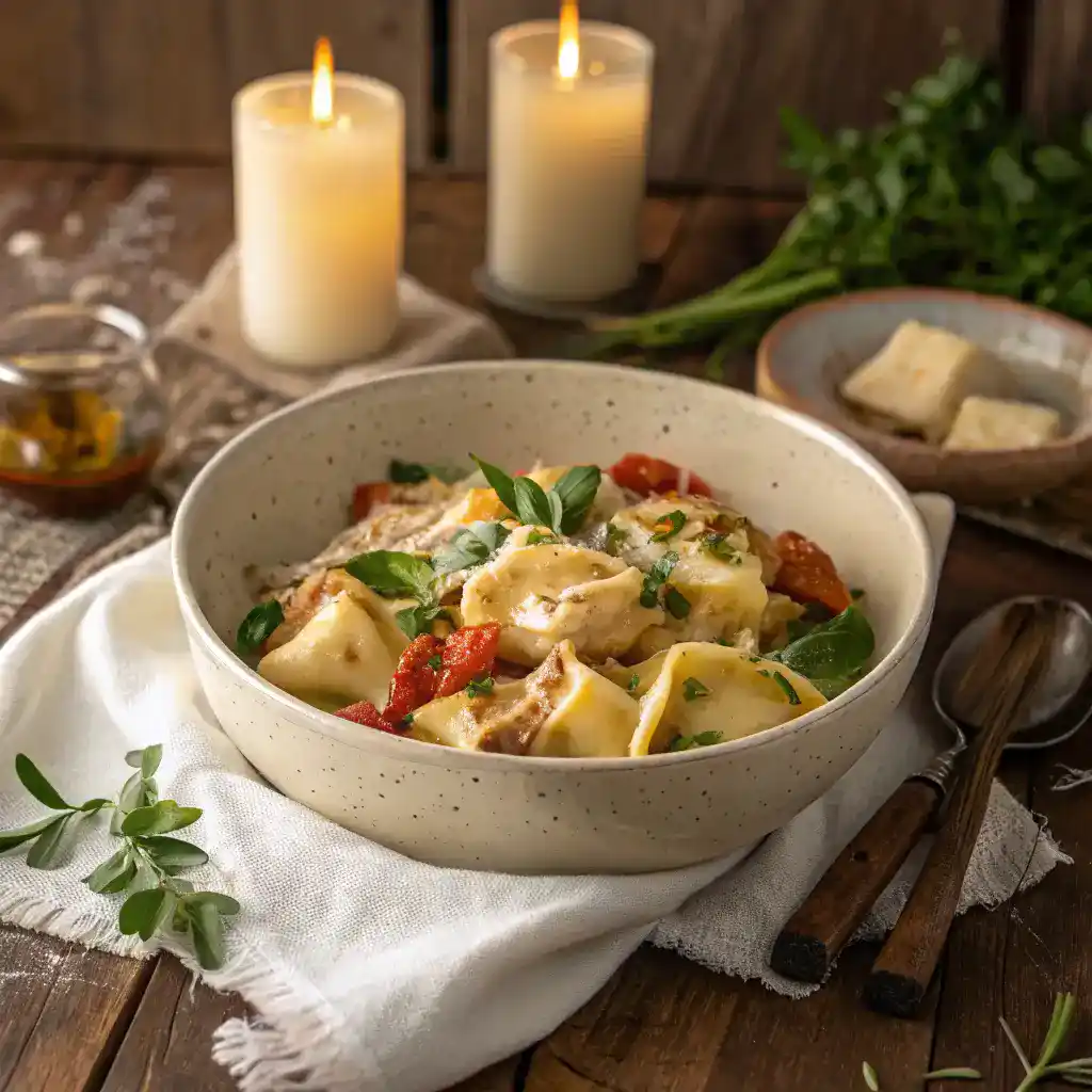 A delicious bowl of Cheesy Chicken Tortellini garnished with herbs.