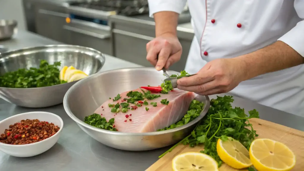 A chef marinating swordfish with fresh herbs and spices.