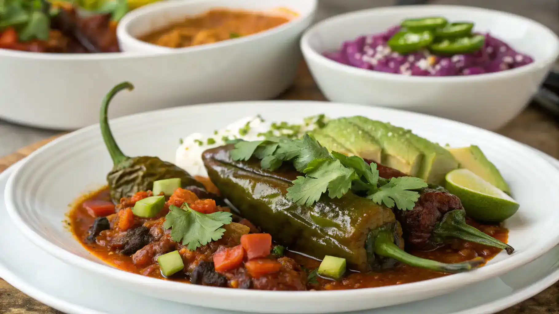 A beautifully plated dish featuring Chile Ancho, garnished with herbs and colorful sides.
