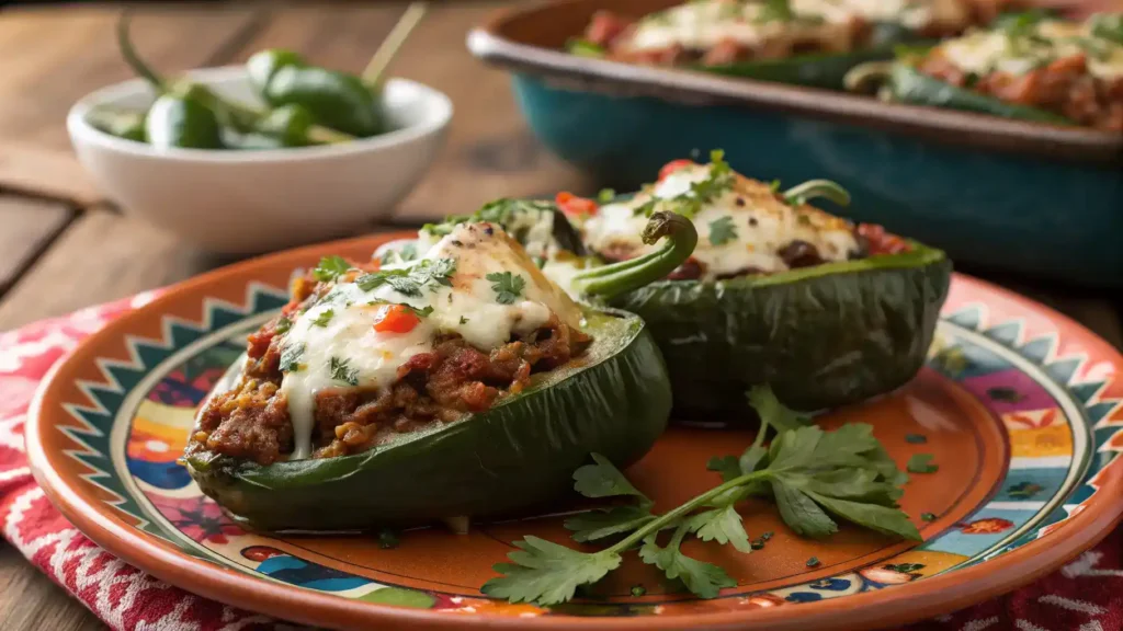 Plated Chile Poblano dish with stuffed peppers and garnishes.