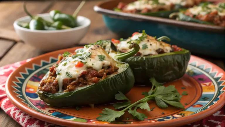 Plated Chile Poblano dish with stuffed peppers and garnishes.