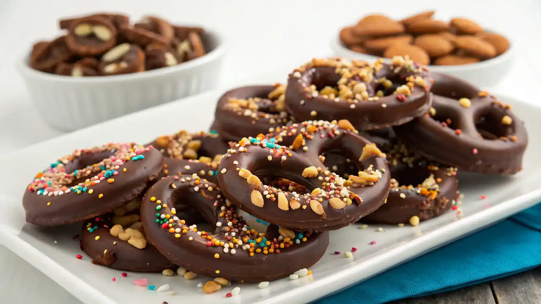 A plate of delicious chocolate covered pretzels garnished with sprinkles.