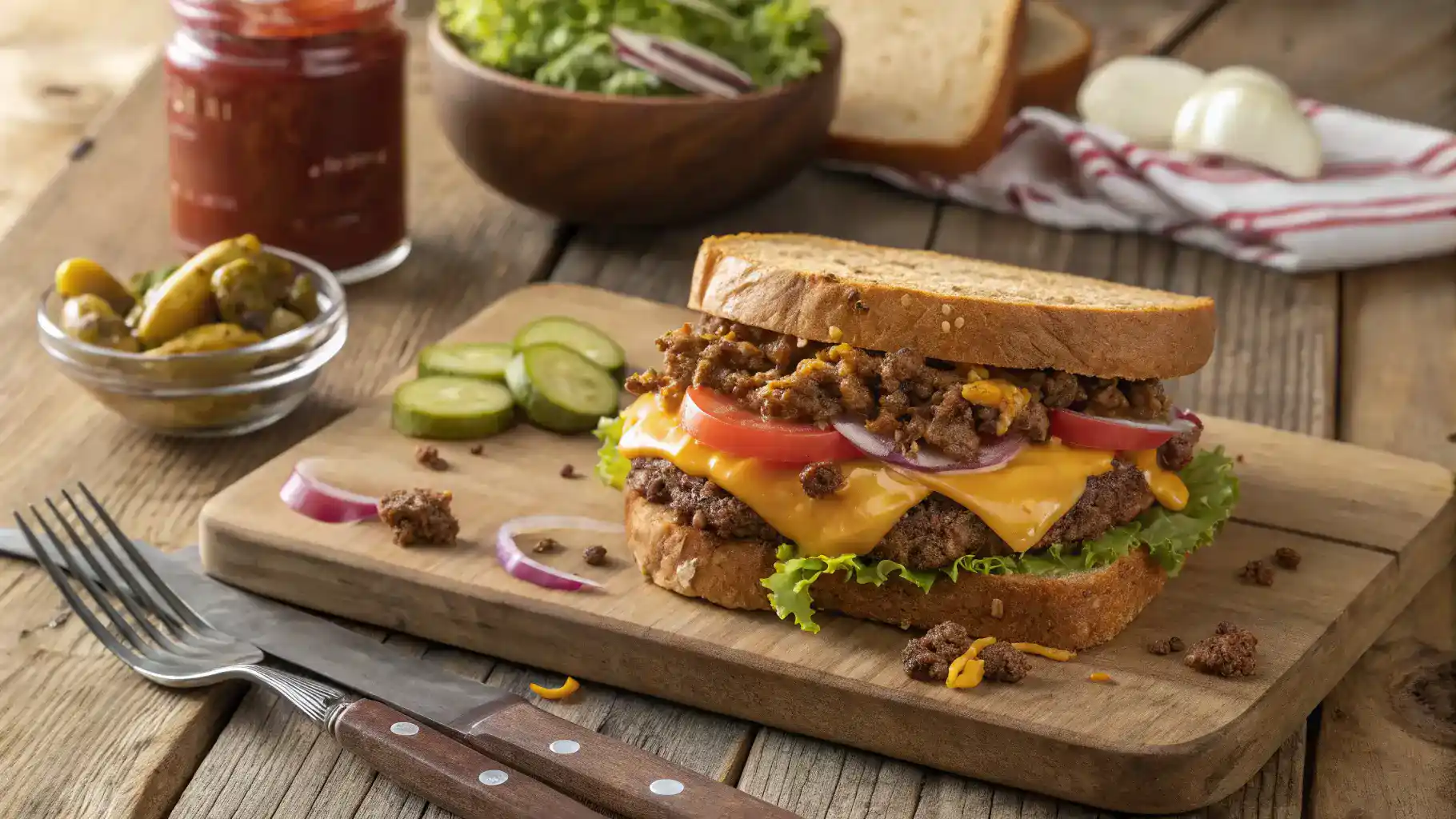 A hearty chopped beef sandwich with cheese and toppings.