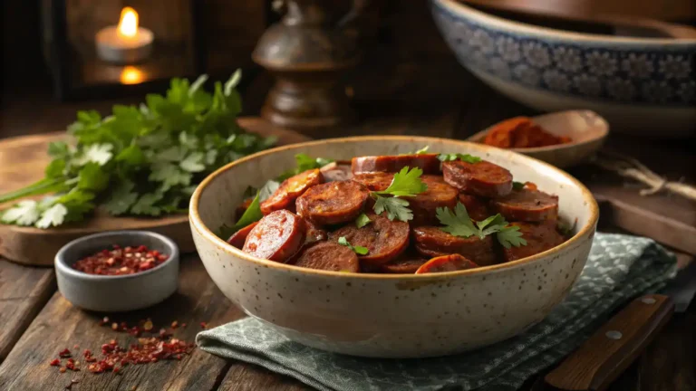 A warm bowl of choru garnished with fresh herbs and served with bread.