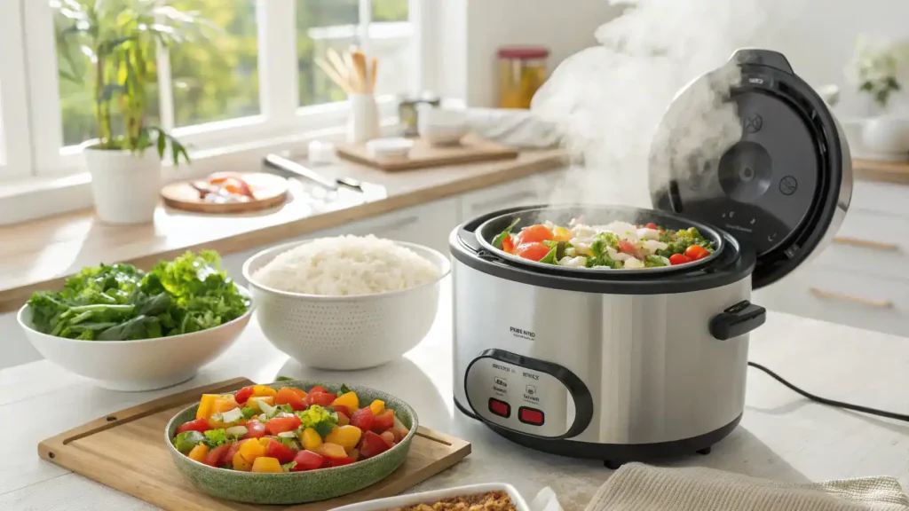 A rice cooker filled with colorful chopped vegetables and rice, ready to be cooked.