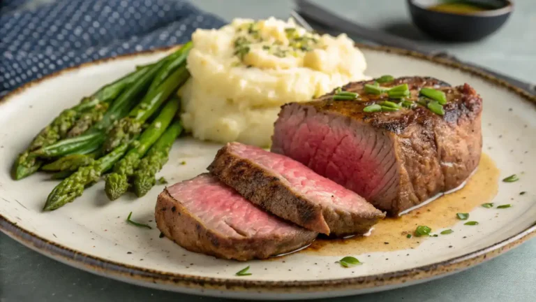 A perfectly cooked coulotte steak sliced and served with mashed potatoes and asparagus.