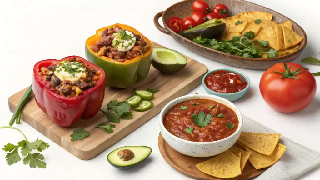 Different serving ideas for dishes made with Chile Ancho, including stuffed peppers and salsas.