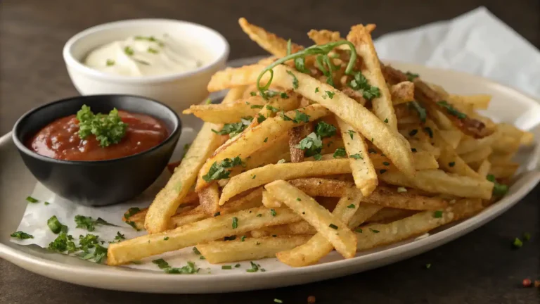 A plate of crispy shoestring fries served with various dipping sauces.