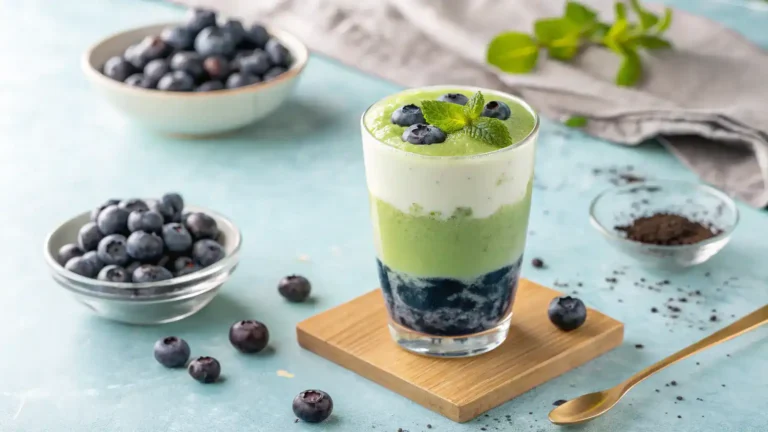 A refreshing Blueberry Matcha drink garnished with blueberries.