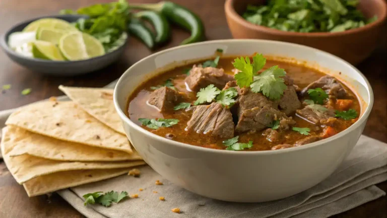 A bowl of carne en su jugo garnished with cilantro and served with tortillas.