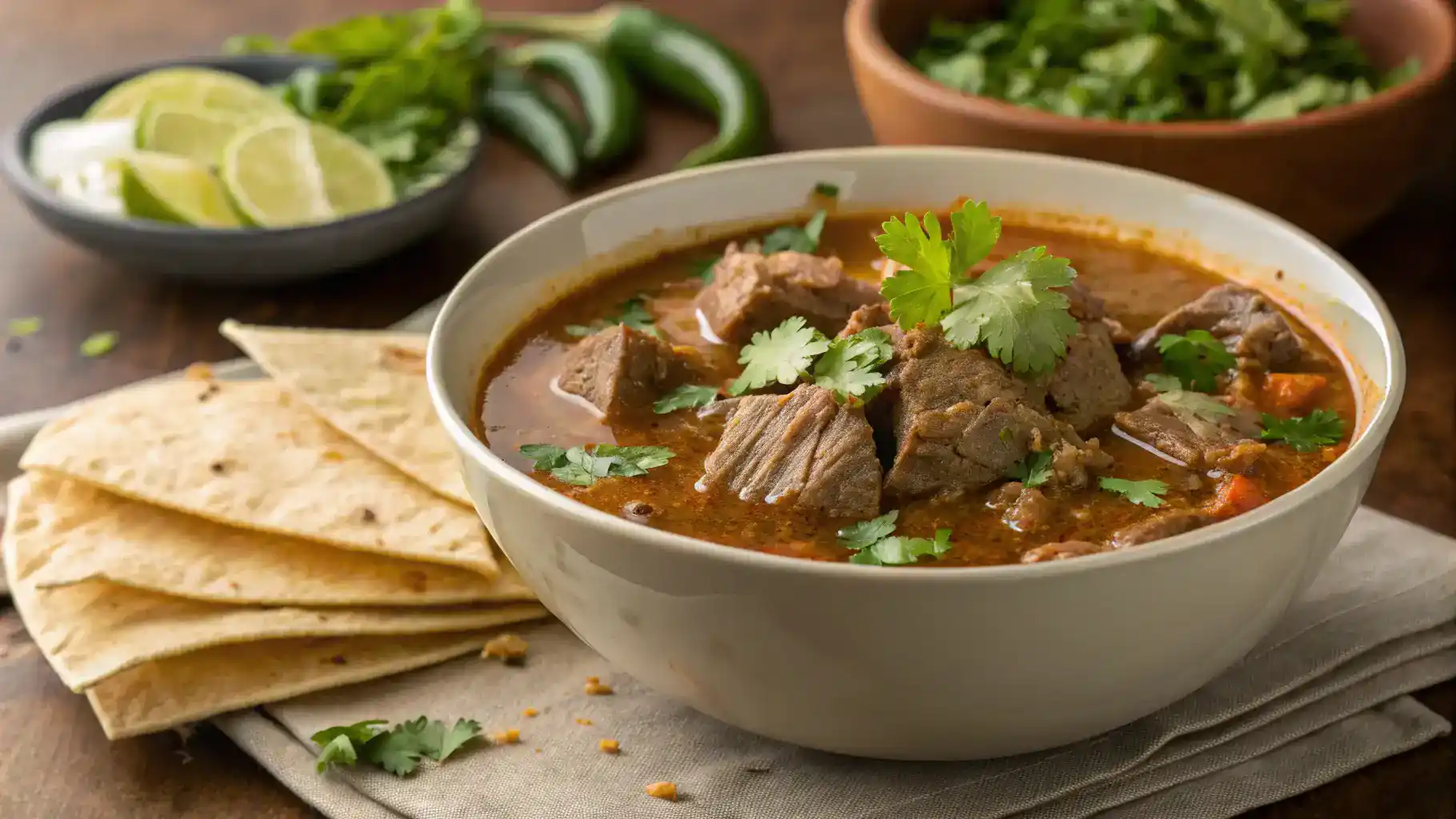 A bowl of carne en su jugo garnished with cilantro and served with tortillas.