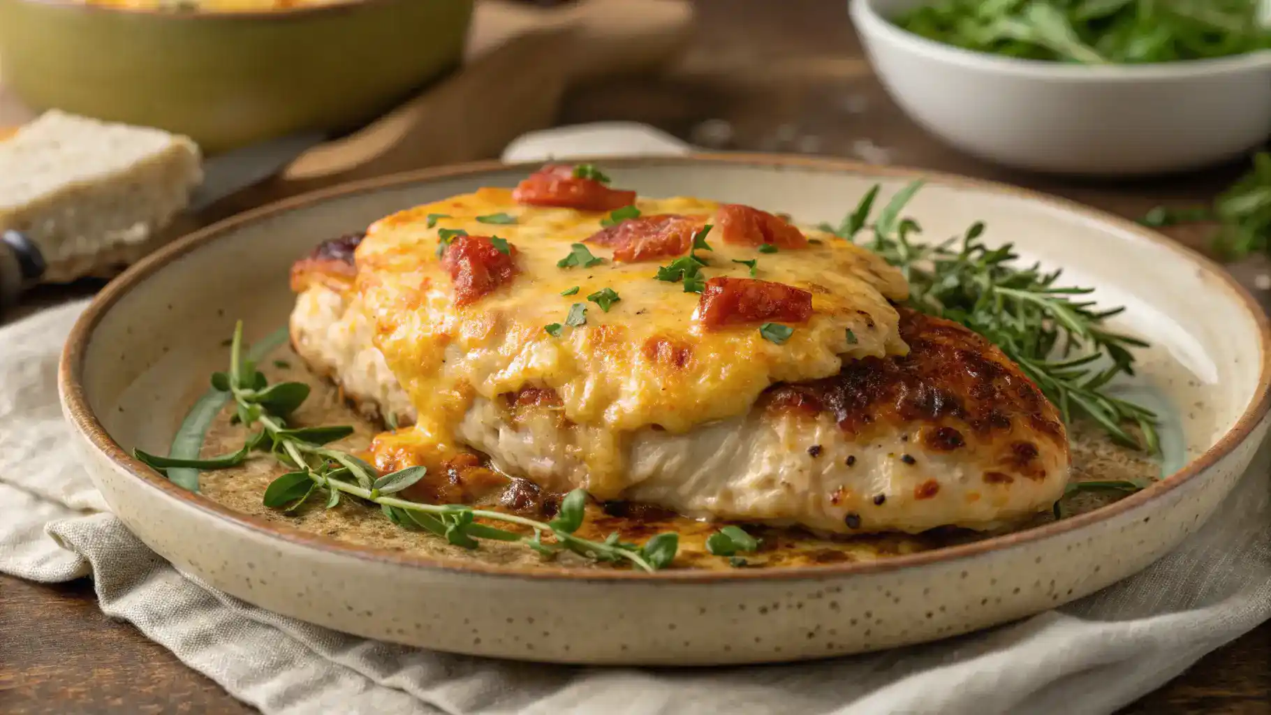 Delicious Chicken Cheez served on a plate with herbs.