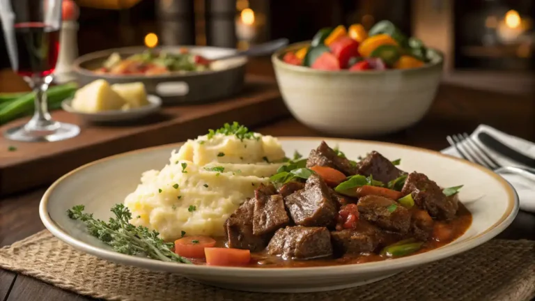 A plated chopped beef dish served with mashed potatoes and vegetables.