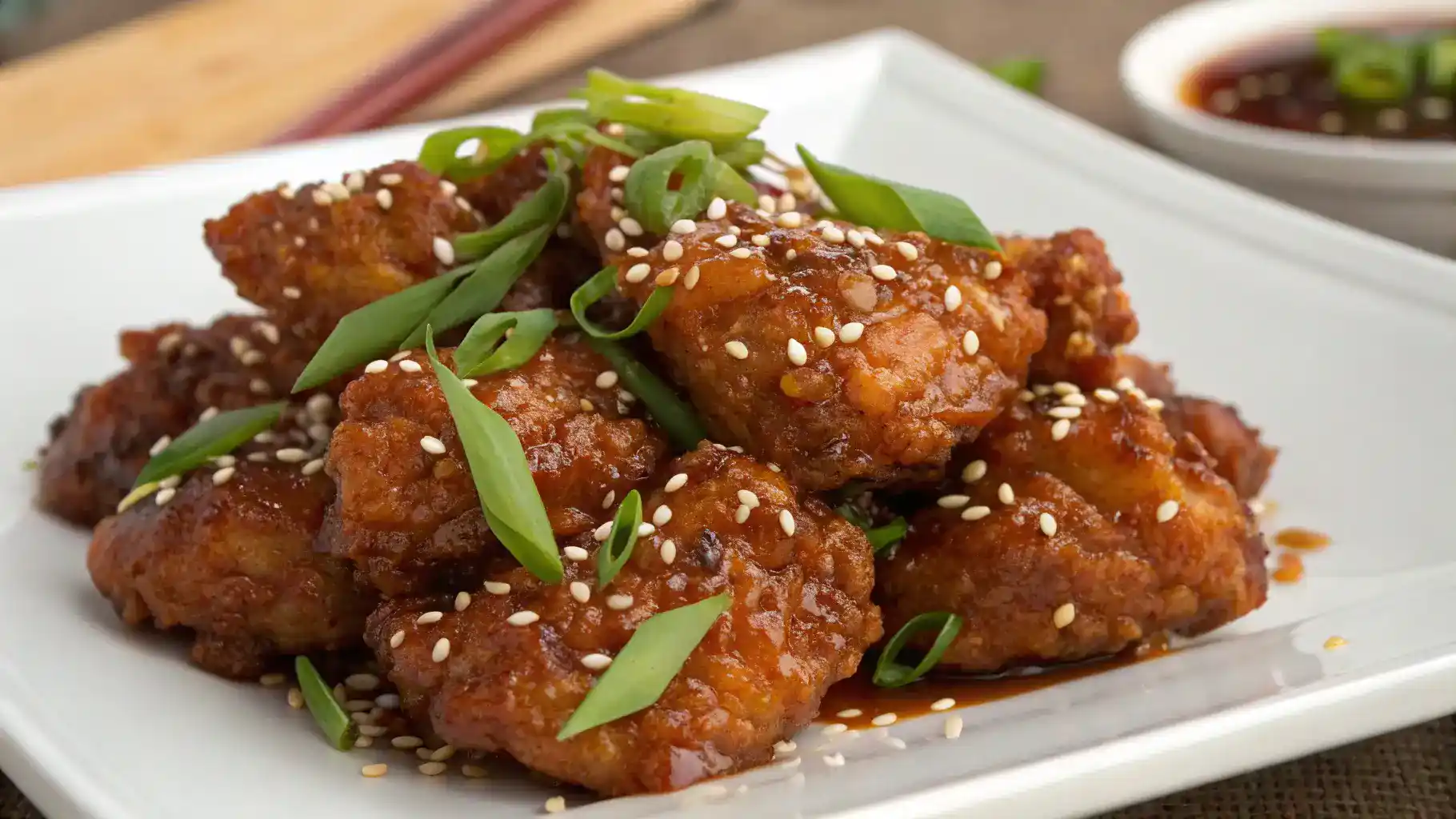 Delicious General Tso chicken garnished with green onions and sesame seeds.