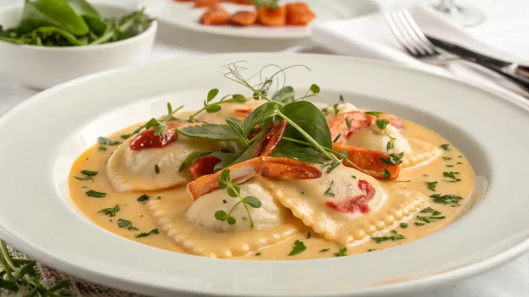A beautifully plated dish of lobster ravioli garnished with herbs and sauce.