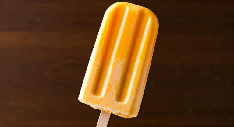 A finished orange creamsicle on a stick, ready to be enjoyed.