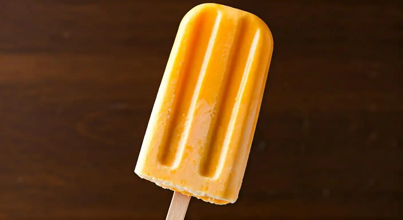 A finished orange creamsicle on a stick, ready to be enjoyed.